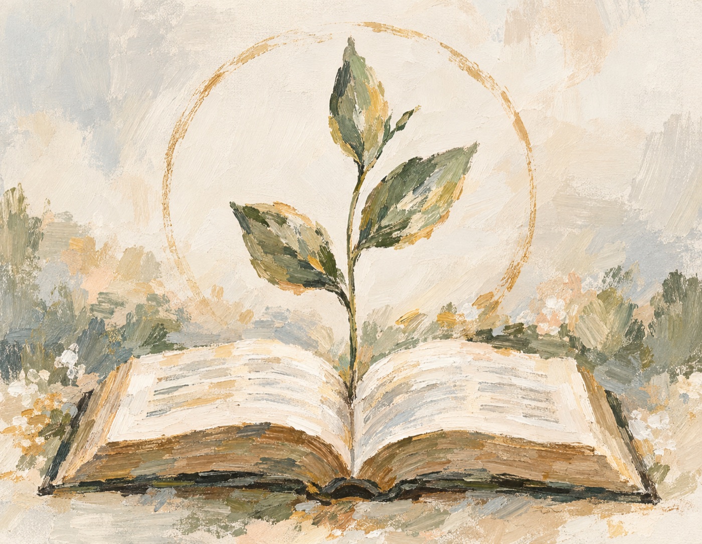Pintura al óleo de una Biblia abierta de la que brota una planta, bajo un círculo dorado.